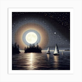 Moonlight Sailboats Art Print