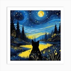 Starry Night cat in moonlight Art Print