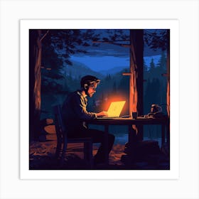 Man Working On His Laptop In The Woods Art Print