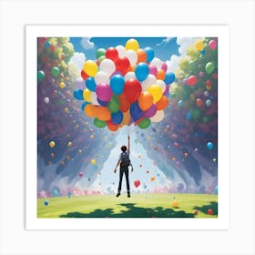 A Young Man Soars Through The Air, Lifted By A Large Bunch Of Colorful Balloons Against A Backdrop Of Clouds And A Blue Sky Art Print