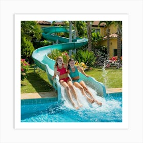 Two Girls On A Water Slide 3 Art Print