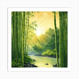 A Stream In A Bamboo Forest At Sun Rise Square Composition 9 Art Print