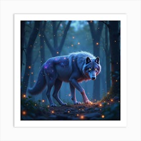 A Majestic Wolf With Fur Made Of Cosmic Nebulae Prowling Through A Starlit Forest 1 Art Print