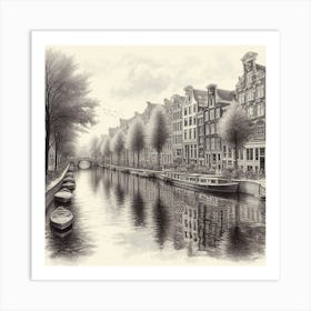A Serene Amsterdam Canal Scene Captured In A Realistic Pen And Ink Drawing, Style Realism 2 Art Print