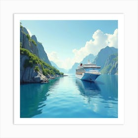 Elegant Cruise Ship In Watercolor Sunlit Bay 1 Art Print