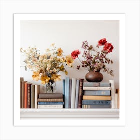 Bookshelves With Flowers Art Print