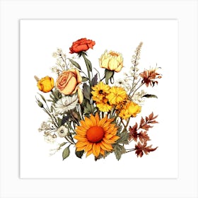 Vibrant and Diverse Flower Bouquet: A Colorful Mix of Sizes and Textures, Autumn Flowers Bouquet Art Print