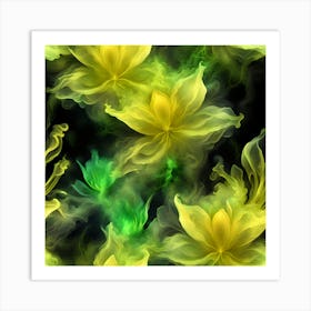 Yellow and Green Flowers On Black Background Art Print