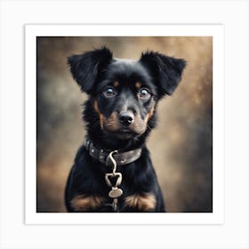 Front Facing Adorable Little Black Dog With Big Eyes, Dry Brush Watercolor Art, Soft, Wispy, Brush S Art Print