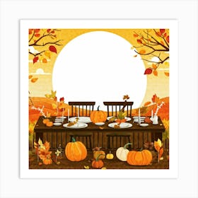 An Illustration Of A Thanksgiving Inspired Table Set Against An Autumn Nature Backdrop Showcasing A 2 1 Art Print