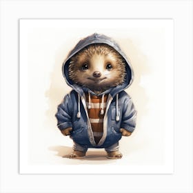 Watercolour Cartoon Porcupine In A Hoodie Art Print