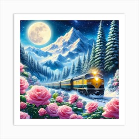 Train In The Snow Mountain Landscape Art Print