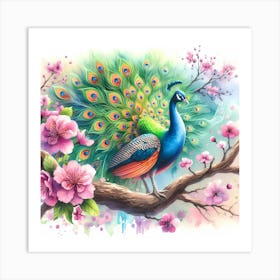 Peacock On A Branch Art Print