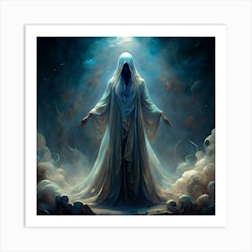 White Robed Figure Standing In A Cloud With Red Eyes Art Print