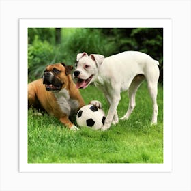 Two Dogs Playing Soccer Art Print