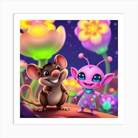 Alien Kid And Cute Little Mouse Art Print