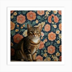 Cat In Front Of Floral Wallpaper Art Print