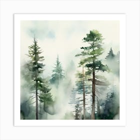 Appalachian Mountains of Misty Pines Watercolor Print of Evergreen Forest..365 Art Print