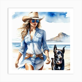 Coastal Cowgirl on Beach with Dog 4 Art Print