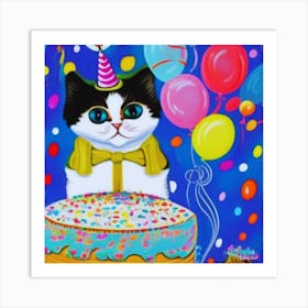 Birthday Cat with balloons Art Print