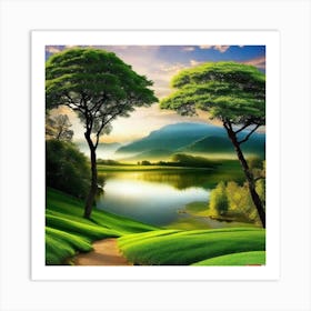 Two Trees And A Lake Art Print