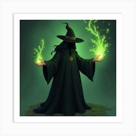 Witch In Black Robes Casting A Green Spell 1 Art Print