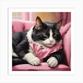Cat Nap Tuxedo Cat Napping In Pink Interior Art Print 2 Art Print
