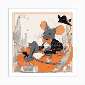 A Silhouette Of A Mouse Wearing A Black Hat And Laying On Her Back On A Orange Screen, In The Style Art Print