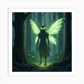 A Forest Spirit With Glowing Eyes And Ethereal Wings Amidst The Trees 1 Art Print