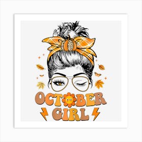 Womens Retro Groovy October Girl Messy Bun Fall Thankful Mama Art Print