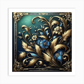 Gold Frame With Blue Flowers Art Print