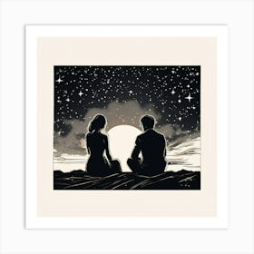 A Single Elegant Line Drawing Of A Men And Woman Art Of Sitting To Gather Alone Back Side Pose , Starry Night Art Print