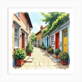 A Classic English Street With Colorful Doors And Garden Boxes, Watercolor Style 1 Art Print