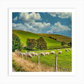 Sheep Grazing In A Field Art Print