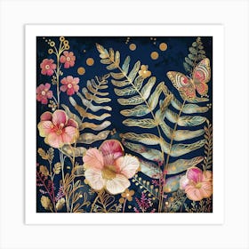 Ferns And Pink Flowers Art Print