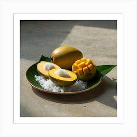 Ripe mango peeled,showing yellow flesh inside.Place on a plate topped with thick coconut milk and soft white glutinous rice. Sprinkle with small crunchy soybeans.Topped with fresh coconut milk. White,thick,sticky and there was smoke aura spred all over a large golden and white aura attacked the white and gray aura. The background is a mango tree. With yellow mangoes, fully ripe, Phu Chao, bright sunlight, 4k resolution. 3 Art Print