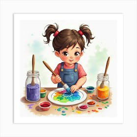 Toddler Painting With Bright Colors In A Playful Watercolor Scene Art Print