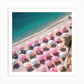 Pink Umbrellas On The Beach 1 Art Print