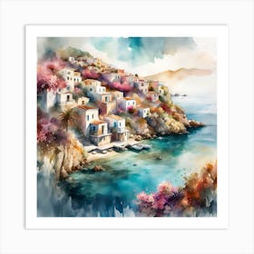 Watercolor Of Greek Village Art Print