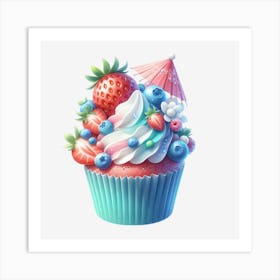 Cupcake With Berries And Umbrella Art Print