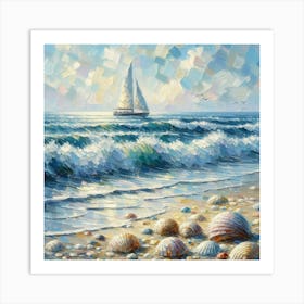 Sailboat And Sea Shells On The Beach, Acrylic Painting Style Art Print