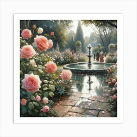 Rose Garden With The Fountain, Acrylic Style Painting 23 Art Print