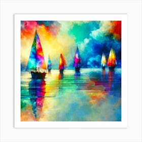 Sailboats Blue Sky Sunset Ocean Artwork Painting Art Print