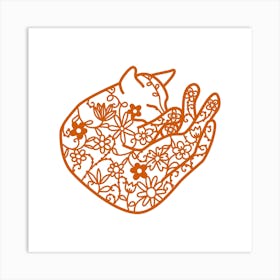 Sleeping Cat With Flowers Papercut Art Print