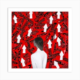 Abstract Illustration Of A Human Figure Pondering In A Sea Of White With Vivid Red Caution Signs Ch (7) Art Print