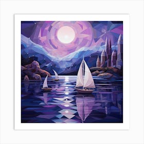 Sailboats In The Moonlight Art Print