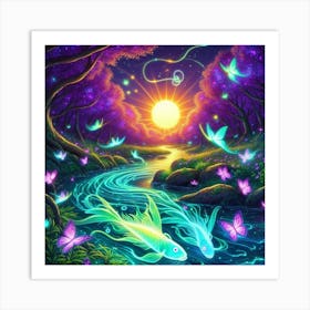 Stream With Bioluminescent Fish Butterflies Sun Spinning Wind Tree 3 Art Print