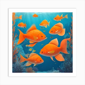 Illustration Of Orange Fish Underwater In The Ocean Art Print