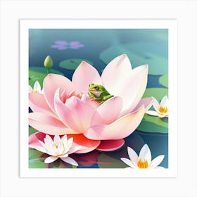 A Frog Resting On A Giant Pastel Flower In A Bright Watercolor Pond, Surrounded By Lilies Art Print