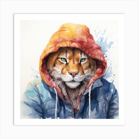 Watercolour Cartoon Cougar In A Hoodie Art Print